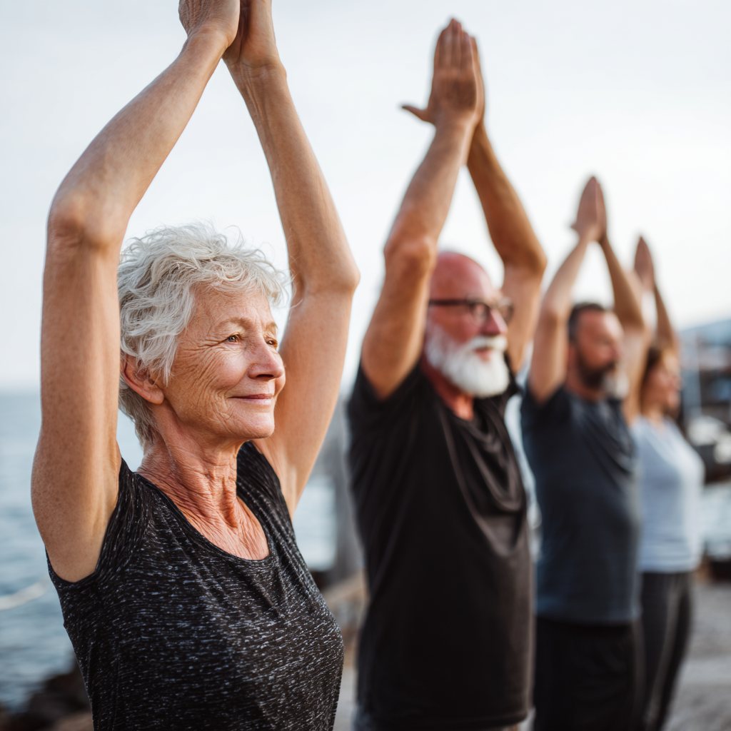 Smiling elderly European woman in comfortable yoga pose on mat in peaceful studio setting