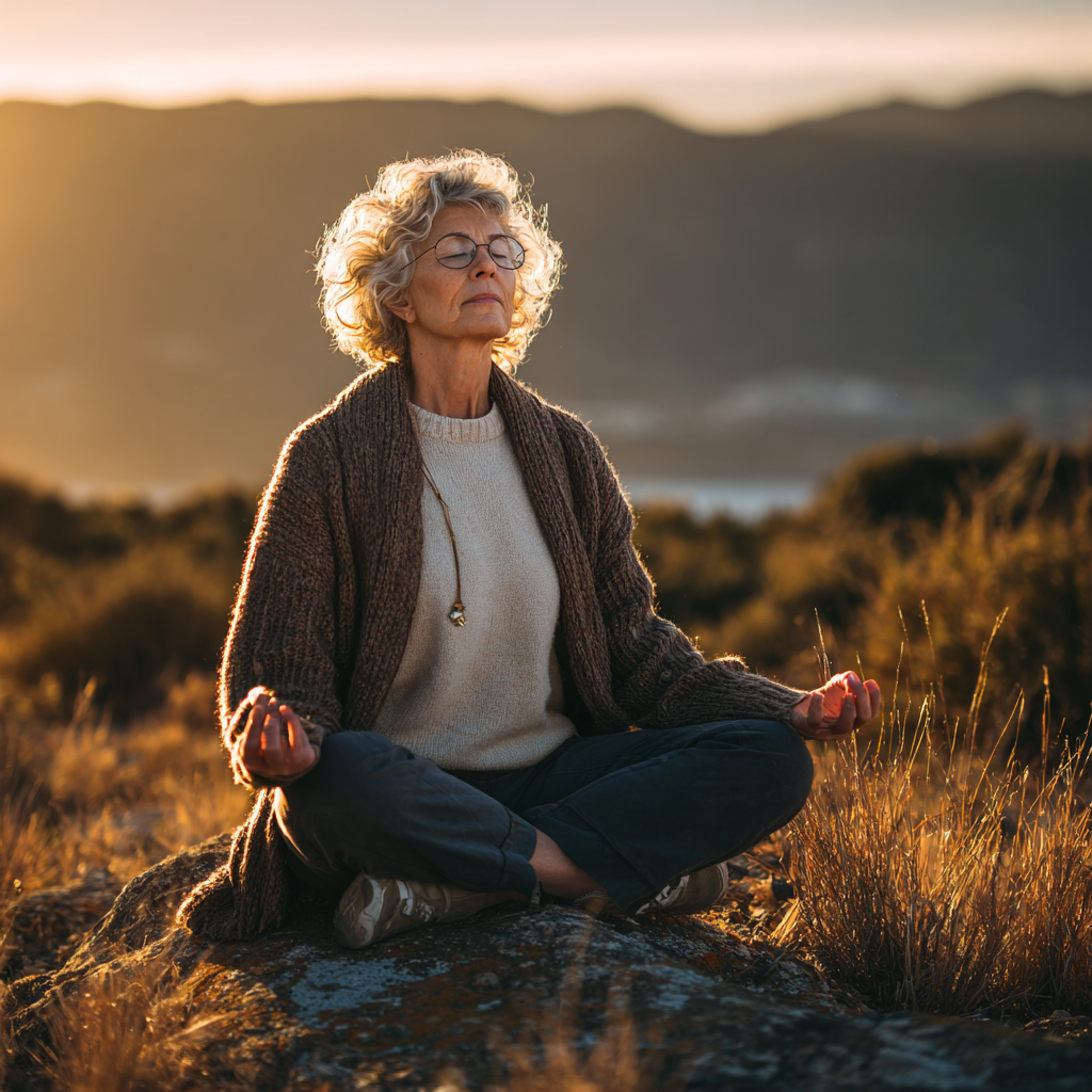 Elderly European man practicing breathing exercises in lotus position with serene expression in natural outdoor setting