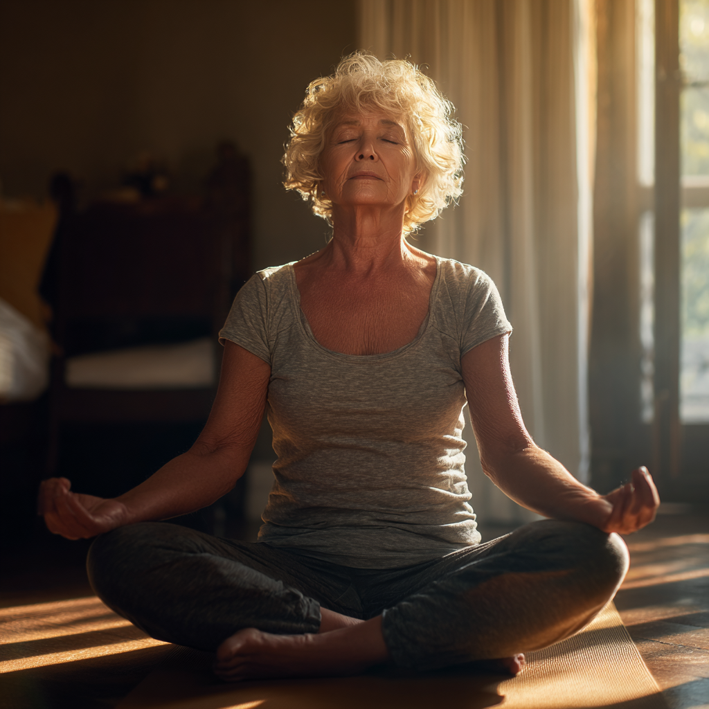 Group of smiling elderly European people practicing gentle yoga stretches together in bright studio with natural lighting